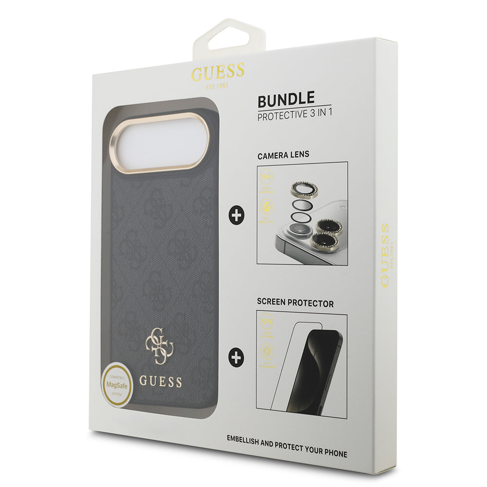 iPhone 17 Air Guess Orijinal Lisanslı 4G ve Yazı Logolu Kılıf + Ekran Koruyucu + Lens Koruyucu 3in1 Aksesuar Seti
