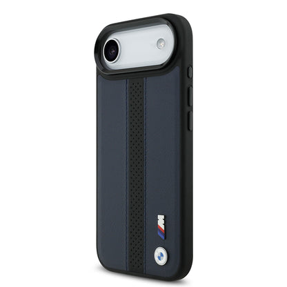 iPhone 17 Air Kılıf BMW Orijinal Lisanslı M-safe Şarj Özellikli Deri Arka Yüzey Metal Logolu Delikli Şerit Tasarımlı Kılıf