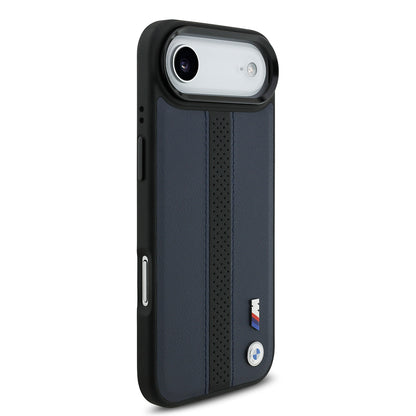 iPhone 17 Air Kılıf BMW Orijinal Lisanslı M-safe Şarj Özellikli Deri Arka Yüzey Metal Logolu Delikli Şerit Tasarımlı Kılıf