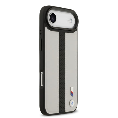 iPhone 17 Air Kılıf BMW Orijinal Lisanslı M-safe Şarj Özellikli Deri Arka Yüzey Metal Logolu Delikli Şerit Tasarımlı Kılıf