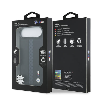 iPhone 17 Air Kılıf BMW Orijinal Lisanslı M-safe Şarj Özellikli Deri Arka Yüzey Metal Logolu Delikli Şerit Tasarımlı Kılıf