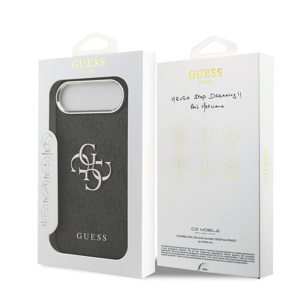 iPhone 17 Air Kılıf Guess Orijinal Lisanslı Gümüş Metal Kamera Çerçeveli 4G Desenli Metal Büyük 4G ve Yazı Logolu Kılıf