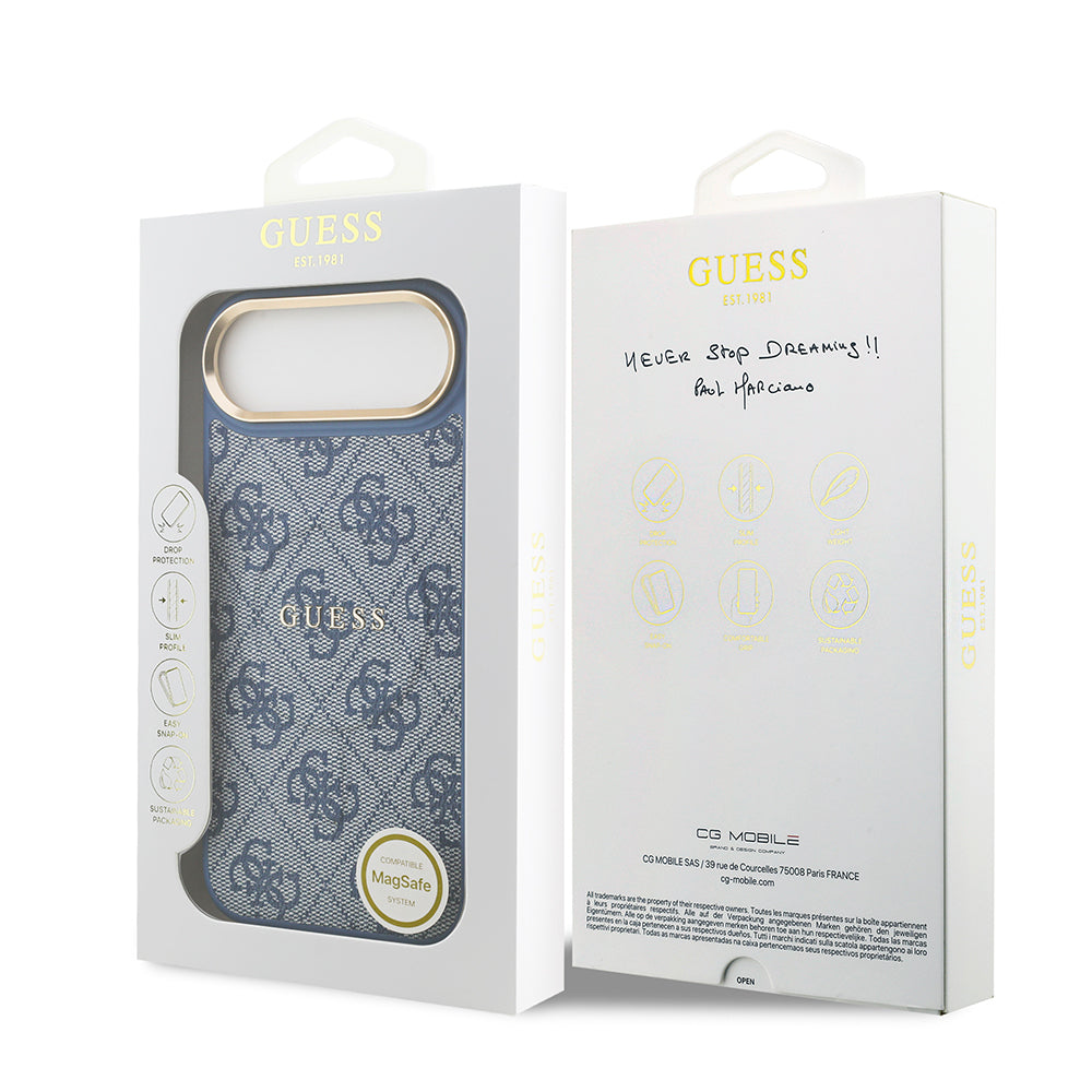 iPhone 17 Air Kılıf Guess Orijinal Lisanslı M-safe Şarj Özellikli Gold Metal Kamera Çerçeveli PU Deri 4G Desenli Yazı Logolu Kılıf