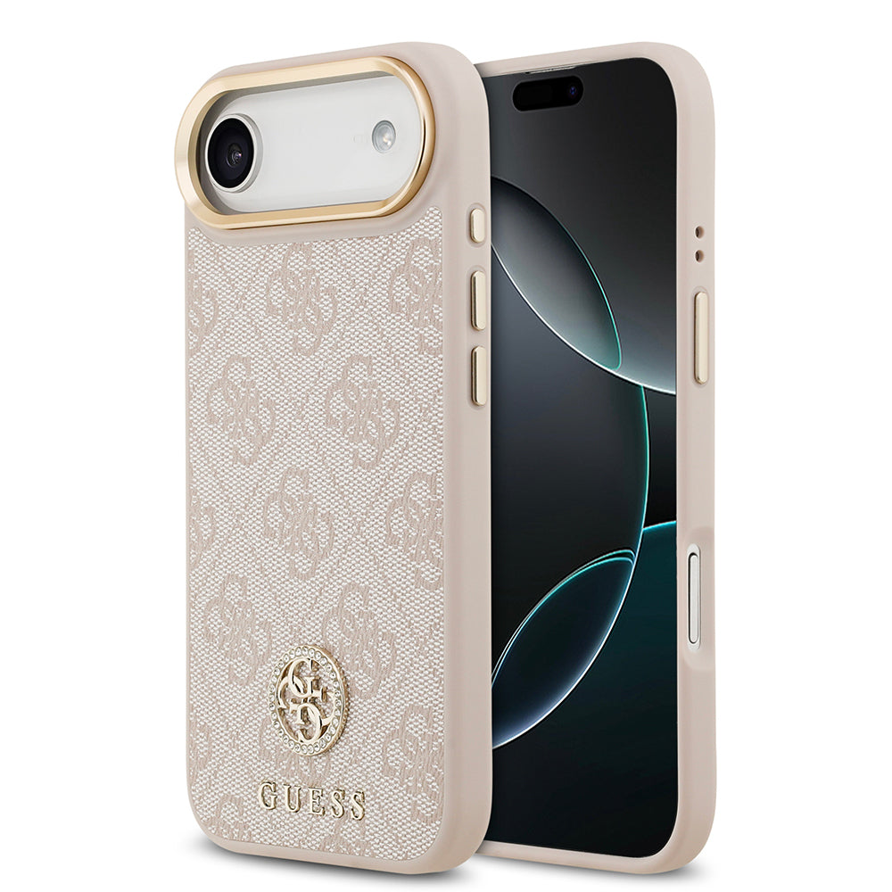 iPhone 17 Air Kılıf Guess Orijinal Lisanslı M-safe Şarj Özellikli Gold Metal Kamera Çerçeveli Taşlı 4G Logolu Kılıf