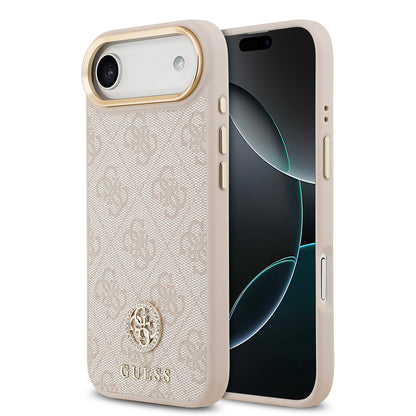 iPhone 17 Air Kılıf Guess Orijinal Lisanslı M-safe Şarj Özellikli Gold Metal Kamera Çerçeveli Taşlı 4G Logolu Kılıf