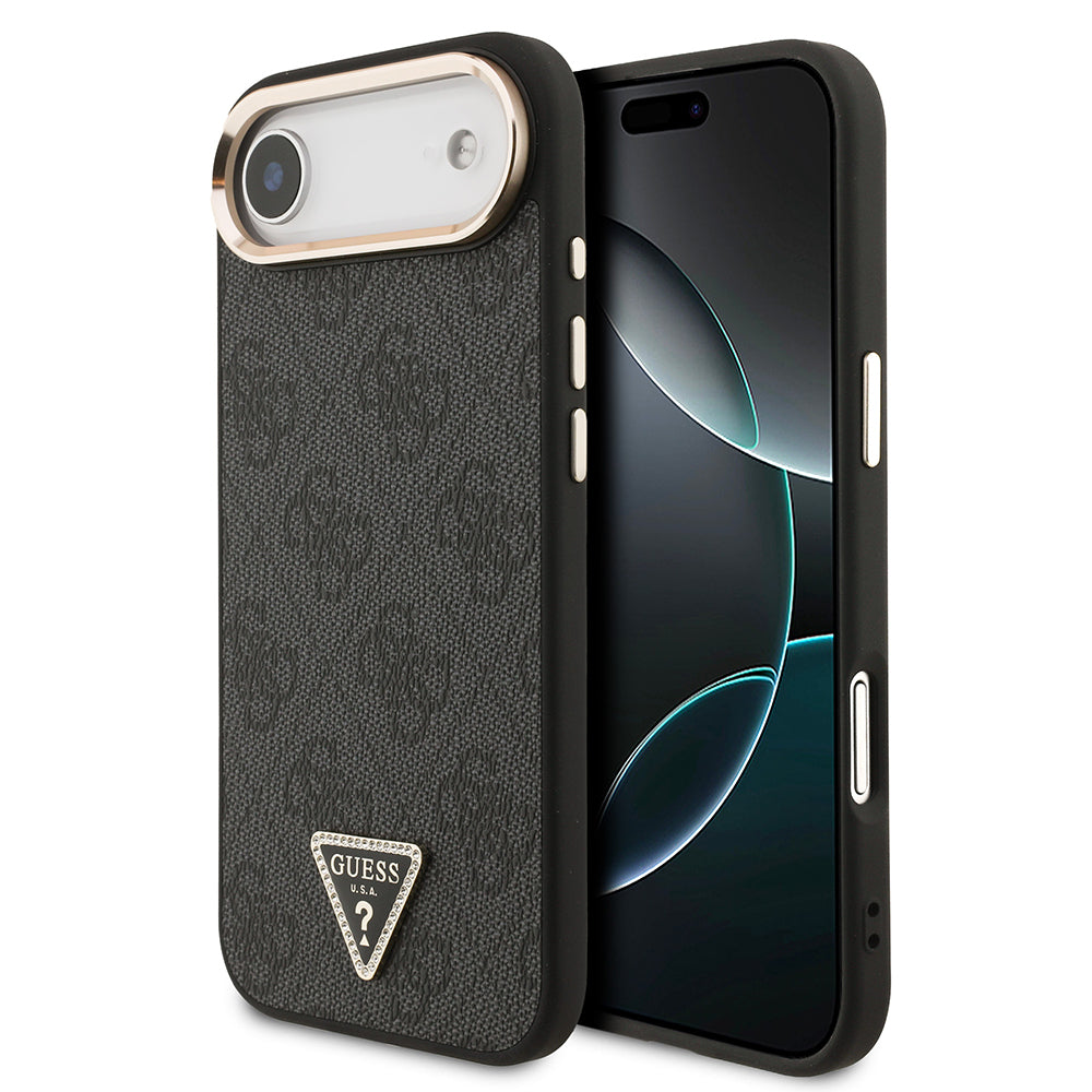iPhone 17 Air Kılıf Guess Orijinal Lisanslı M-safe Şarj Özellikli Gold Metal Kamera Çerçeveli Taşlı Üçgen Logo 4G Desenli Kılıf