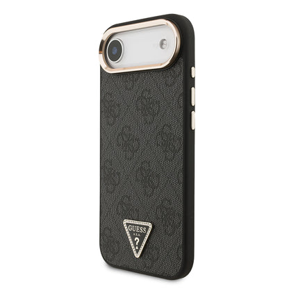 iPhone 17 Air Kılıf Guess Orijinal Lisanslı M-safe Şarj Özellikli Gold Metal Kamera Çerçeveli Taşlı Üçgen Logo 4G Desenli Kılıf