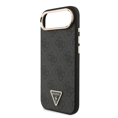 iPhone 17 Air Kılıf Guess Orijinal Lisanslı M-safe Şarj Özellikli Gold Metal Kamera Çerçeveli Taşlı Üçgen Logo 4G Desenli Kılıf