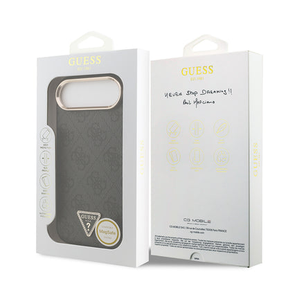 iPhone 17 Air Kılıf Guess Orijinal Lisanslı M-safe Şarj Özellikli Gold Metal Kamera Çerçeveli Taşlı Üçgen Logo 4G Desenli Kılıf