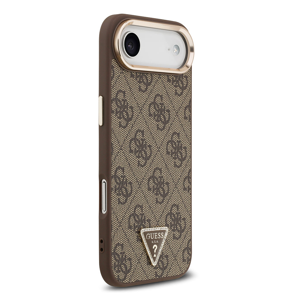 iPhone 17 Air Kılıf Guess Orijinal Lisanslı M-safe Şarj Özellikli Gold Metal Kamera Çerçeveli Taşlı Üçgen Logo 4G Desenli Kılıf