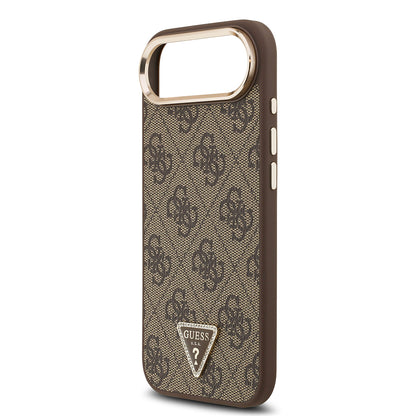 iPhone 17 Air Kılıf Guess Orijinal Lisanslı M-safe Şarj Özellikli Gold Metal Kamera Çerçeveli Taşlı Üçgen Logo 4G Desenli Kılıf