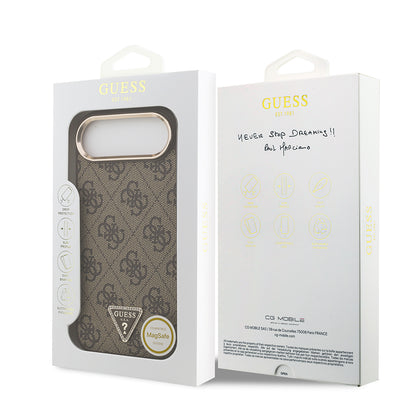 iPhone 17 Air Kılıf Guess Orijinal Lisanslı M-safe Şarj Özellikli Gold Metal Kamera Çerçeveli Taşlı Üçgen Logo 4G Desenli Kılıf