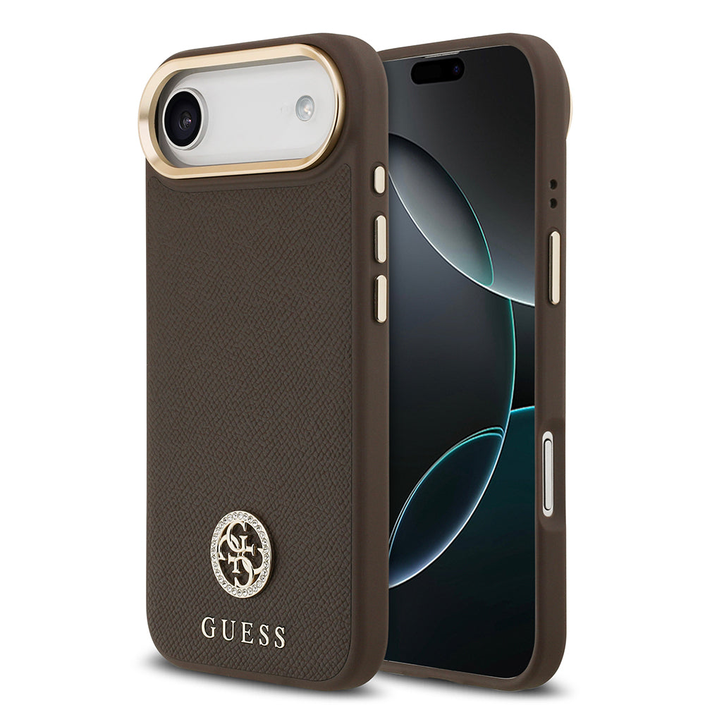 iPhone 17 Air Kılıf Guess Orijinal Lisanslı M-safe Şarj Özellikli Grained Yazı ve Taşlı 4G Logolu Kılıf