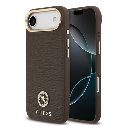 iPhone 17 Air Kılıf Guess Orijinal Lisanslı M-safe Şarj Özellikli Grained Yazı ve Taşlı 4G Logolu Kılıf