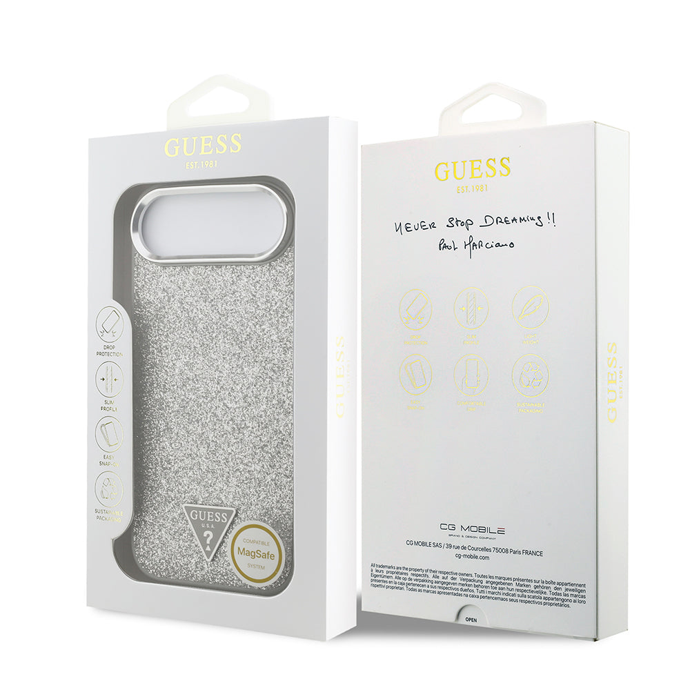 iPhone 17 Air Kılıf Guess Orijinal Lisanslı M-safe Şarj Özellikli Metal Kamera Çerçeveli Üçgen Logolu Glitter Kılıf