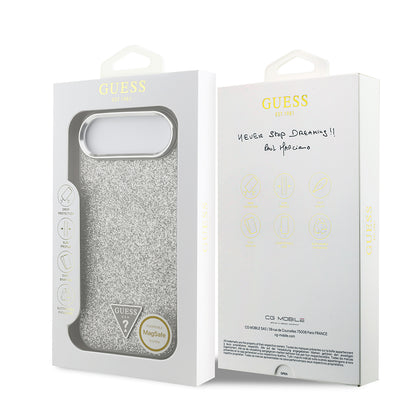 iPhone 17 Air Kılıf Guess Orijinal Lisanslı M-safe Şarj Özellikli Metal Kamera Çerçeveli Üçgen Logolu Glitter Kılıf