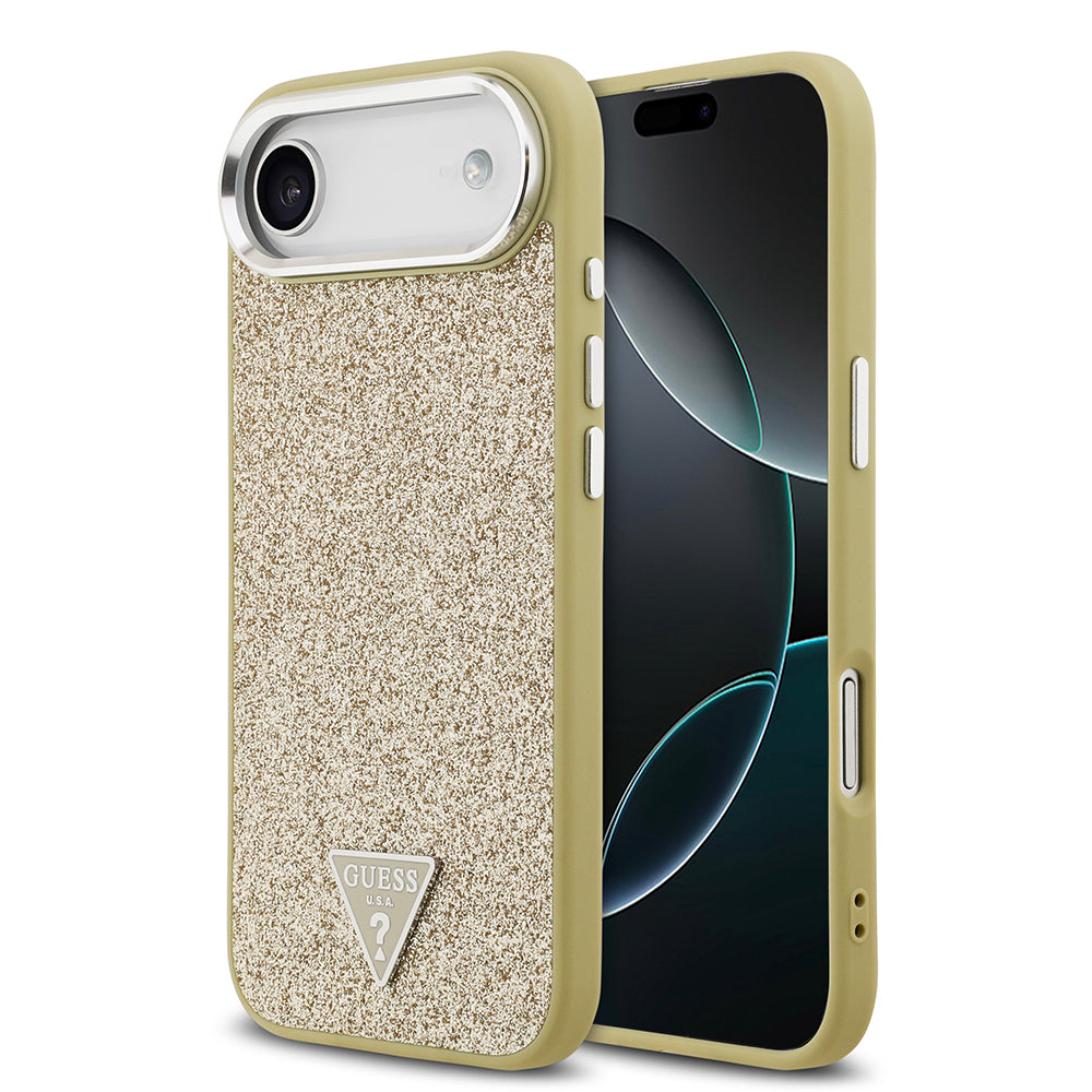 iPhone 17 Air Kılıf Guess Orijinal Lisanslı M-safe Şarj Özellikli Metal Kamera Çerçeveli Üçgen Logolu Glitter Kılıf