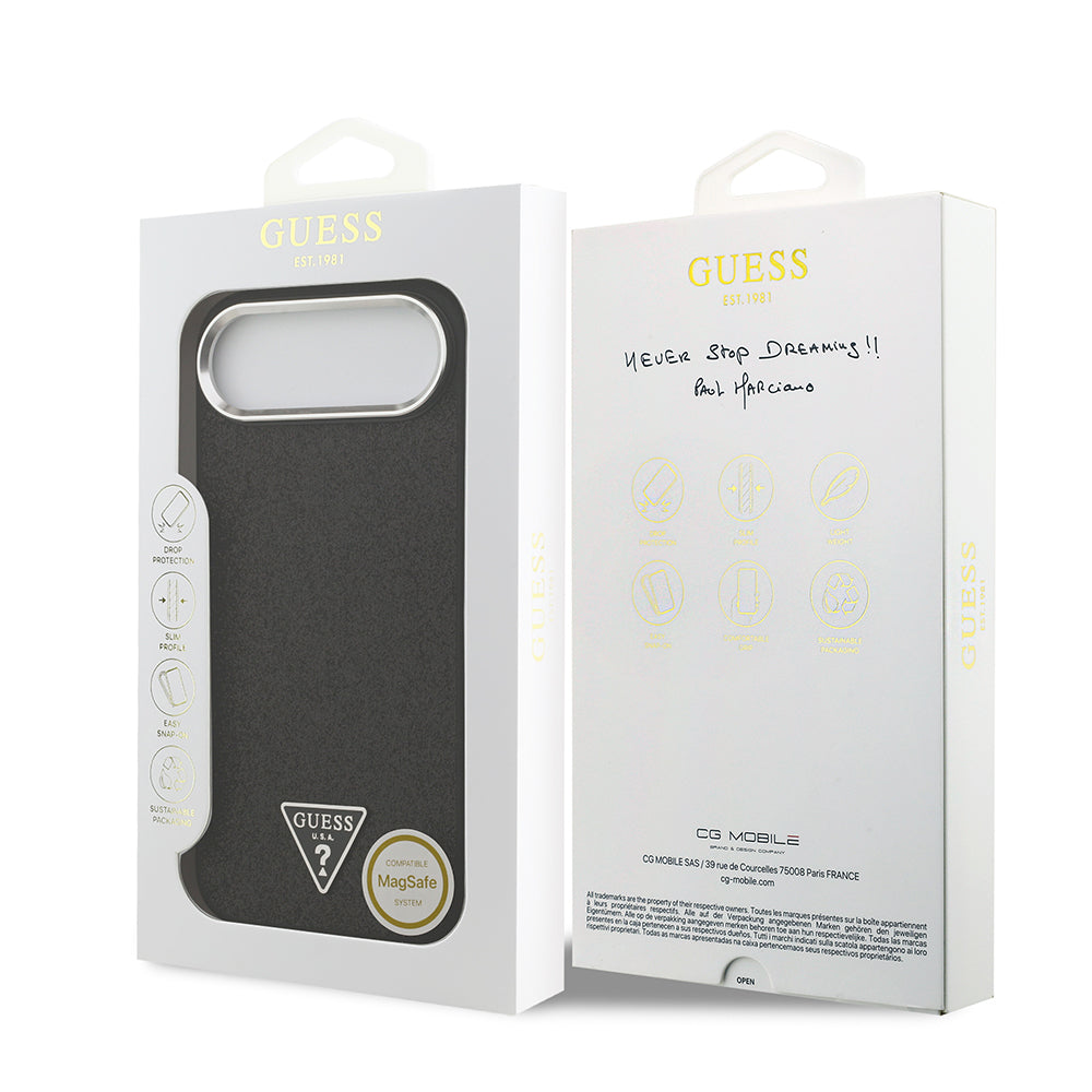 iPhone 17 Air Kılıf Guess Orijinal Lisanslı M-safe Şarj Özellikli Metal Kamera Çerçeveli Üçgen Logolu Glitter Kılıf