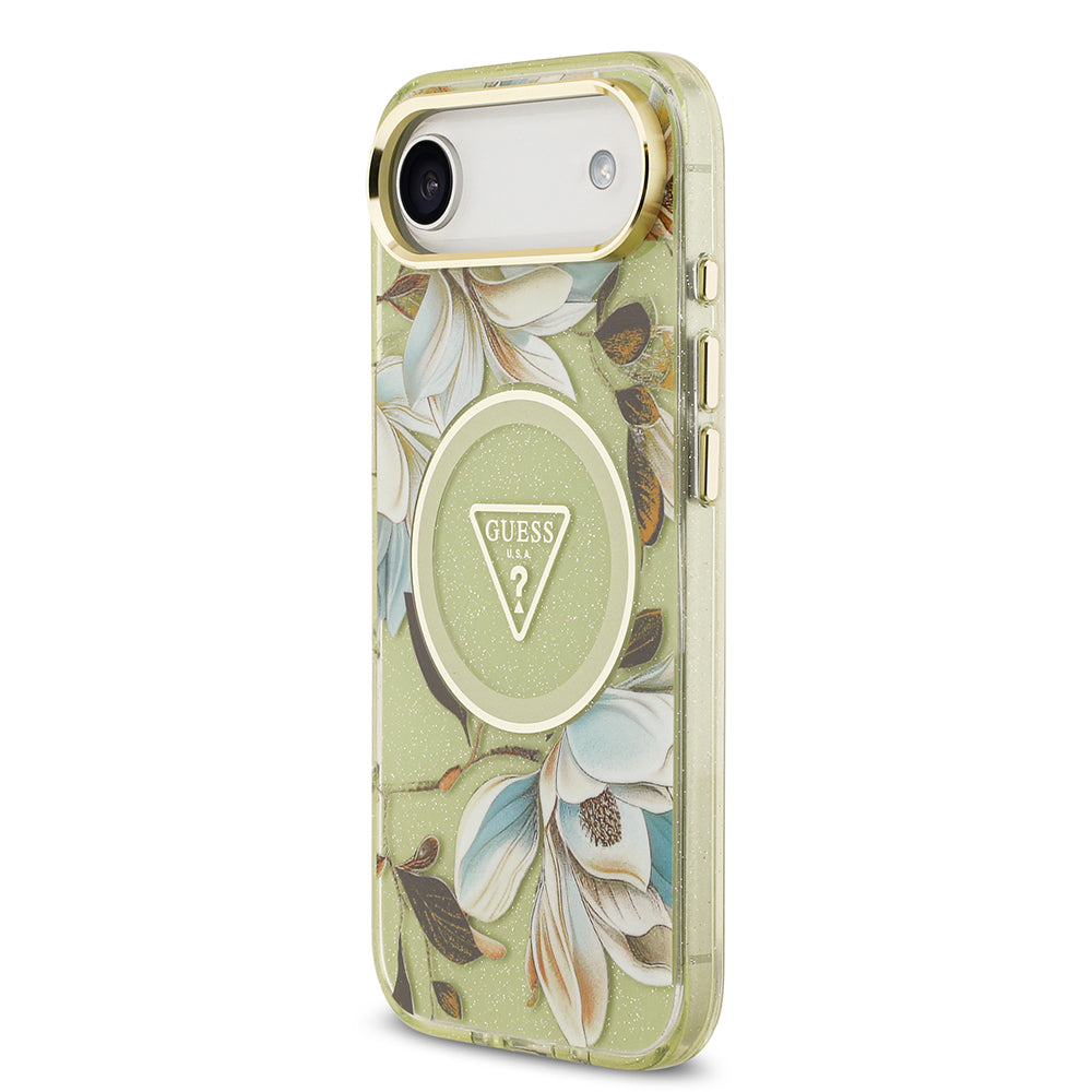 iPhone 17 Air Kılıf Guess Orijinal Lisanslı M-safe Şarj Özellikli Simli Çiçek Desenli Metal Kamera Çerçeveli Üçgen Logolu Kılıf