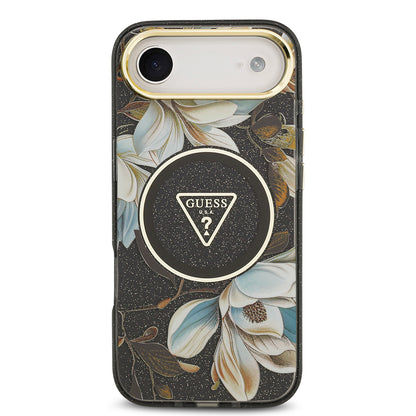iPhone 17 Air Kılıf Guess Orijinal Lisanslı M-safe Şarj Özellikli Simli Çiçek Desenli Metal Kamera Çerçeveli Üçgen Logolu Kılıf