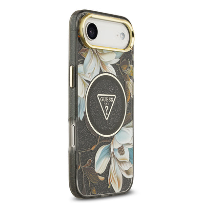 iPhone 17 Air Kılıf Guess Orijinal Lisanslı M-safe Şarj Özellikli Simli Çiçek Desenli Metal Kamera Çerçeveli Üçgen Logolu Kılıf