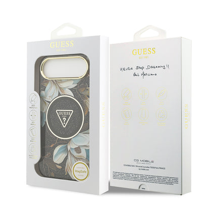 iPhone 17 Air Kılıf Guess Orijinal Lisanslı M-safe Şarj Özellikli Simli Çiçek Desenli Metal Kamera Çerçeveli Üçgen Logolu Kılıf