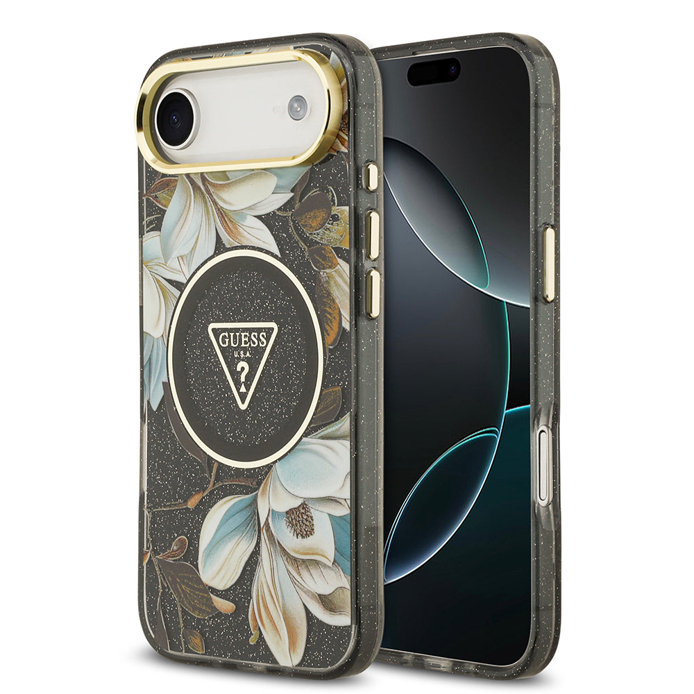 iPhone 17 Air Kılıf Guess Orijinal Lisanslı M-safe Şarj Özellikli Simli Çiçek Desenli Metal Kamera Çerçeveli Üçgen Logolu Kılıf