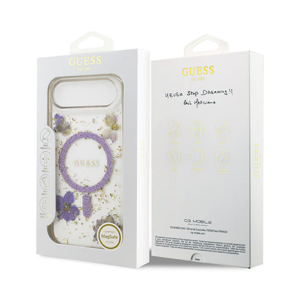 iPhone 17 Air Kılıf Guess Orijinal Lisanslı M-safe Şarj Özellikli Transparan Resin Flowers Kılıf