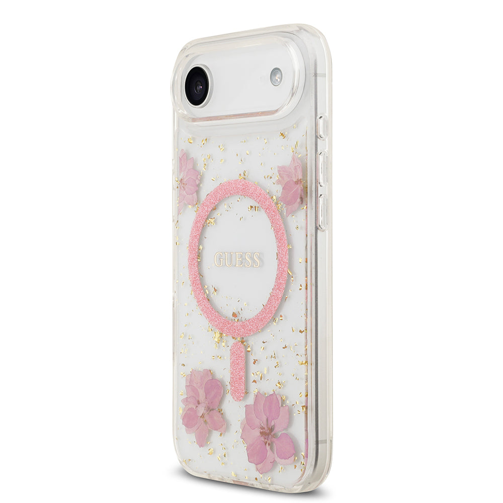 iPhone 17 Air Kılıf Guess Orijinal Lisanslı M-safe Şarj Özellikli Transparan Resin Flowers Kılıf
