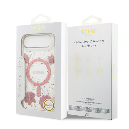 iPhone 17 Air Kılıf Guess Orijinal Lisanslı M-safe Şarj Özellikli Transparan Resin Flowers Kılıf