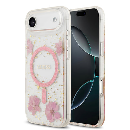 iPhone 17 Air Kılıf Guess Orijinal Lisanslı M-safe Şarj Özellikli Transparan Resin Flowers Kılıf