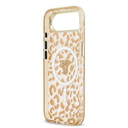 iPhone 17 Air Kılıf Guess Orijinal Lisanslı M-safe Şarj Özellikli Üçgen Logolu Simli Leopar Desenli Kılıf