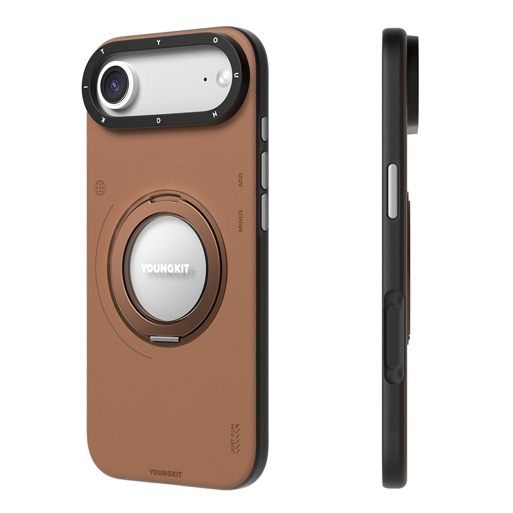 iPhone 17 Air Kılıf M-safe Şarj Özellikli 360 Derece Standlı Basit Mat Deri Desenli Youngkit Tech Leather Serisi Kılıf