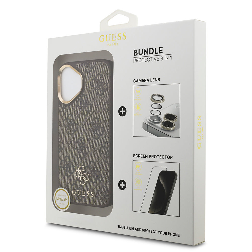 iPhone 17 Guess Orijinal Lisanslı 4G ve Yazı Logolu Kılıf + Ekran Koruyucu + Lens Koruyucu 3in1 Aksesuar Seti