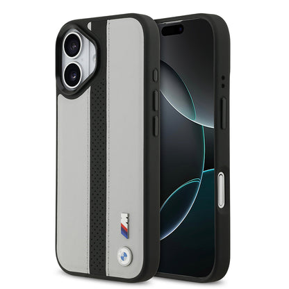 iPhone 17 Kılıf BMW Orijinal Lisanslı M-safe Şarj Özellikli Deri Arka Yüzey Metal Logolu Delikli Şerit Tasarımlı Kılıf