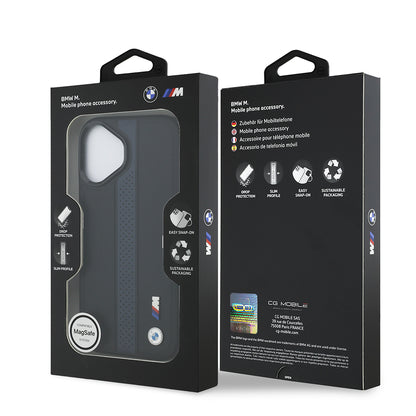 iPhone 17 Kılıf BMW Orijinal Lisanslı M-safe Şarj Özellikli Deri Arka Yüzey Metal Logolu Delikli Şerit Tasarımlı Kılıf