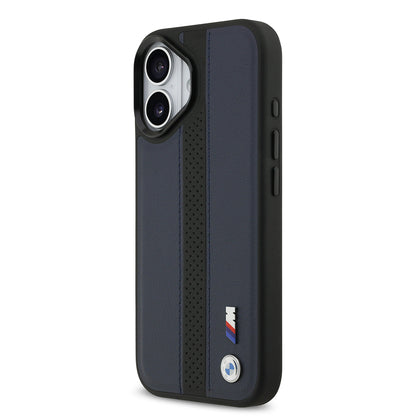 iPhone 17 Kılıf BMW Orijinal Lisanslı M-safe Şarj Özellikli Deri Arka Yüzey Metal Logolu Delikli Şerit Tasarımlı Kılıf