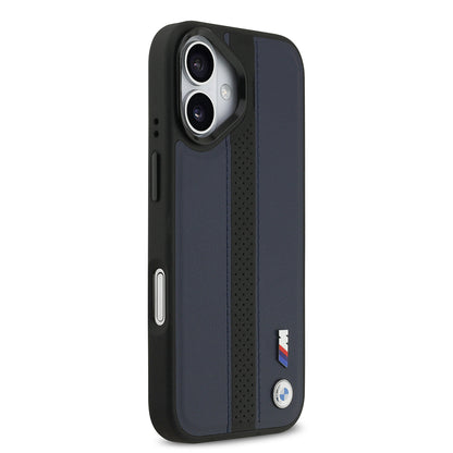 iPhone 17 Kılıf BMW Orijinal Lisanslı M-safe Şarj Özellikli Deri Arka Yüzey Metal Logolu Delikli Şerit Tasarımlı Kılıf