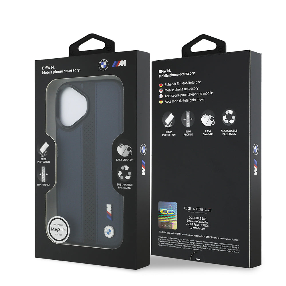 iPhone 17 Kılıf BMW Orijinal Lisanslı M-safe Şarj Özellikli Deri Arka Yüzey Metal Logolu Delikli Şerit Tasarımlı Kılıf