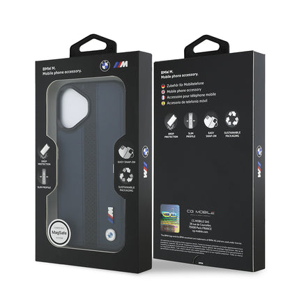 iPhone 17 Kılıf BMW Orijinal Lisanslı M-safe Şarj Özellikli Deri Arka Yüzey Metal Logolu Delikli Şerit Tasarımlı Kılıf