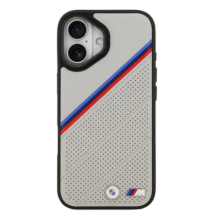 iPhone 17 Kılıf BMW Orijinal Lisanslı M-safe Şarj Özellikli M Logolu Üç Şeritli Delikli Deri Kılıf