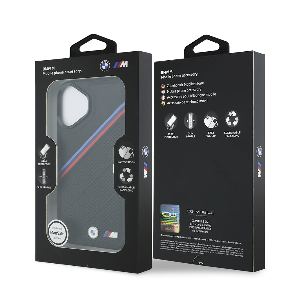 iPhone 17 Kılıf BMW Orijinal Lisanslı M-safe Şarj Özellikli M Logolu Üç Şeritli Delikli Deri Kılıf