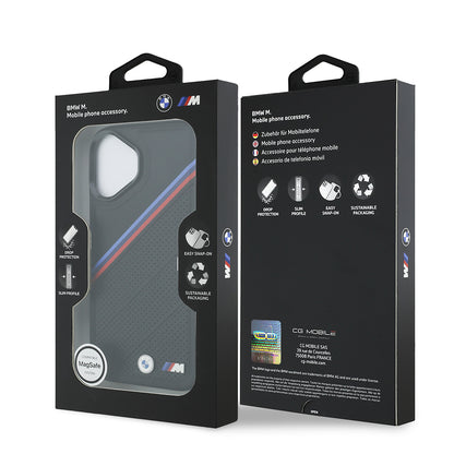 iPhone 17 Kılıf BMW Orijinal Lisanslı M-safe Şarj Özellikli M Logolu Üç Şeritli Delikli Deri Kılıf