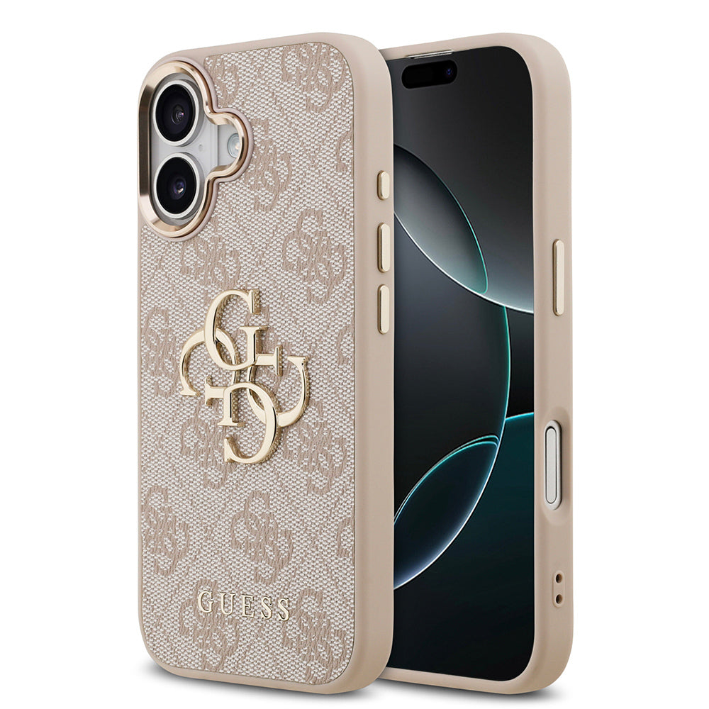 iPhone 17 Kılıf Guess Orijinal Lisanslı Gold Metal Kamera Çerçeveli 4G Desenli Metal Büyük 4G ve Yazı Logolu Kılıf