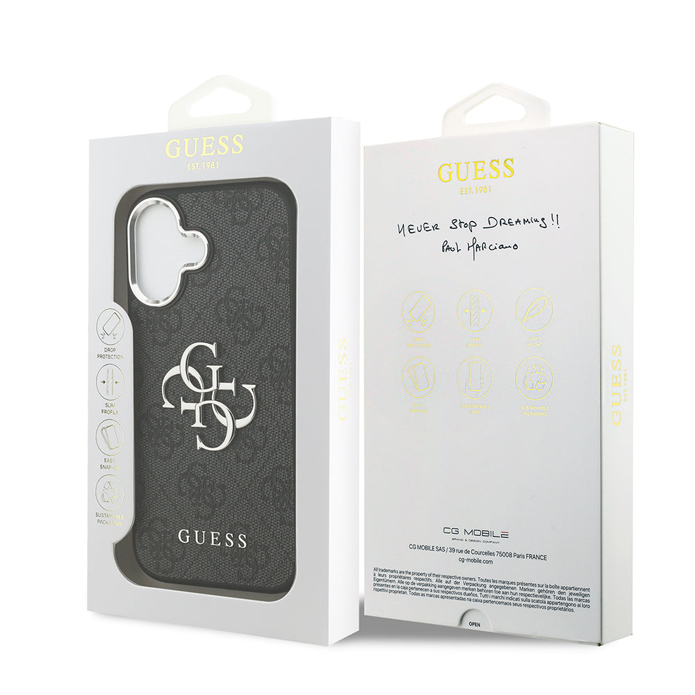 iPhone 17 Kılıf Guess Orijinal Lisanslı Gümüş Metal Kamera Çerçeveli 4G Desenli Metal Büyük 4G ve Yazı Logolu Kılıf