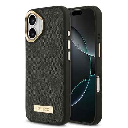 iPhone 17 Kılıf Guess Orijinal Lisanslı M-safe Şarj Özellikli 4G Desenli PU Metal Plaka Klasik Logolu Kılıf