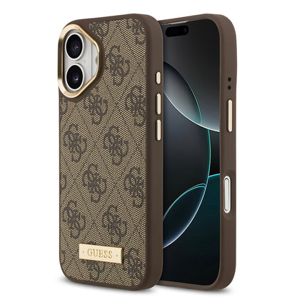 iPhone 17 Kılıf Guess Orijinal Lisanslı M-safe Şarj Özellikli 4G Desenli PU Metal Plaka Klasik Logolu Kılıf