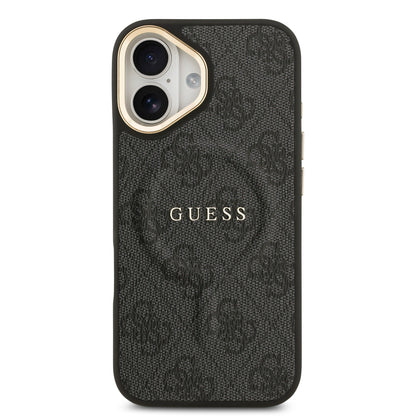 iPhone 17 Kılıf Guess Orijinal Lisanslı M-safe Şarj Özellikli Gold Metal Kamera Çerçeveli PU Deri 4G Desenli Yazı Logolu Kılıf