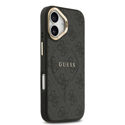 iPhone 17 Kılıf Guess Orijinal Lisanslı M-safe Şarj Özellikli Gold Metal Kamera Çerçeveli PU Deri 4G Desenli Yazı Logolu Kılıf