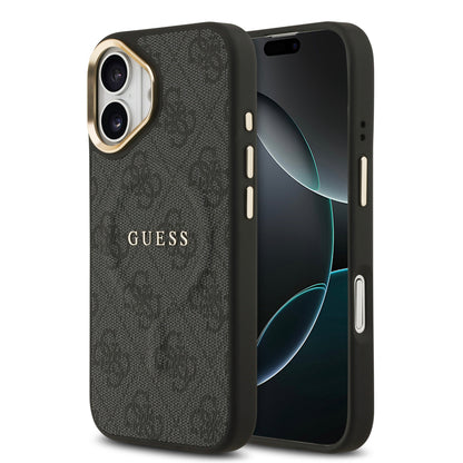 iPhone 17 Kılıf Guess Orijinal Lisanslı M-safe Şarj Özellikli Gold Metal Kamera Çerçeveli PU Deri 4G Desenli Yazı Logolu Kılıf